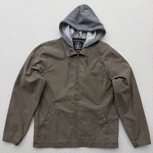 Volcom Warren Hooded Jacket Taupe Brown Full Zip Skater Workwear Mens XL